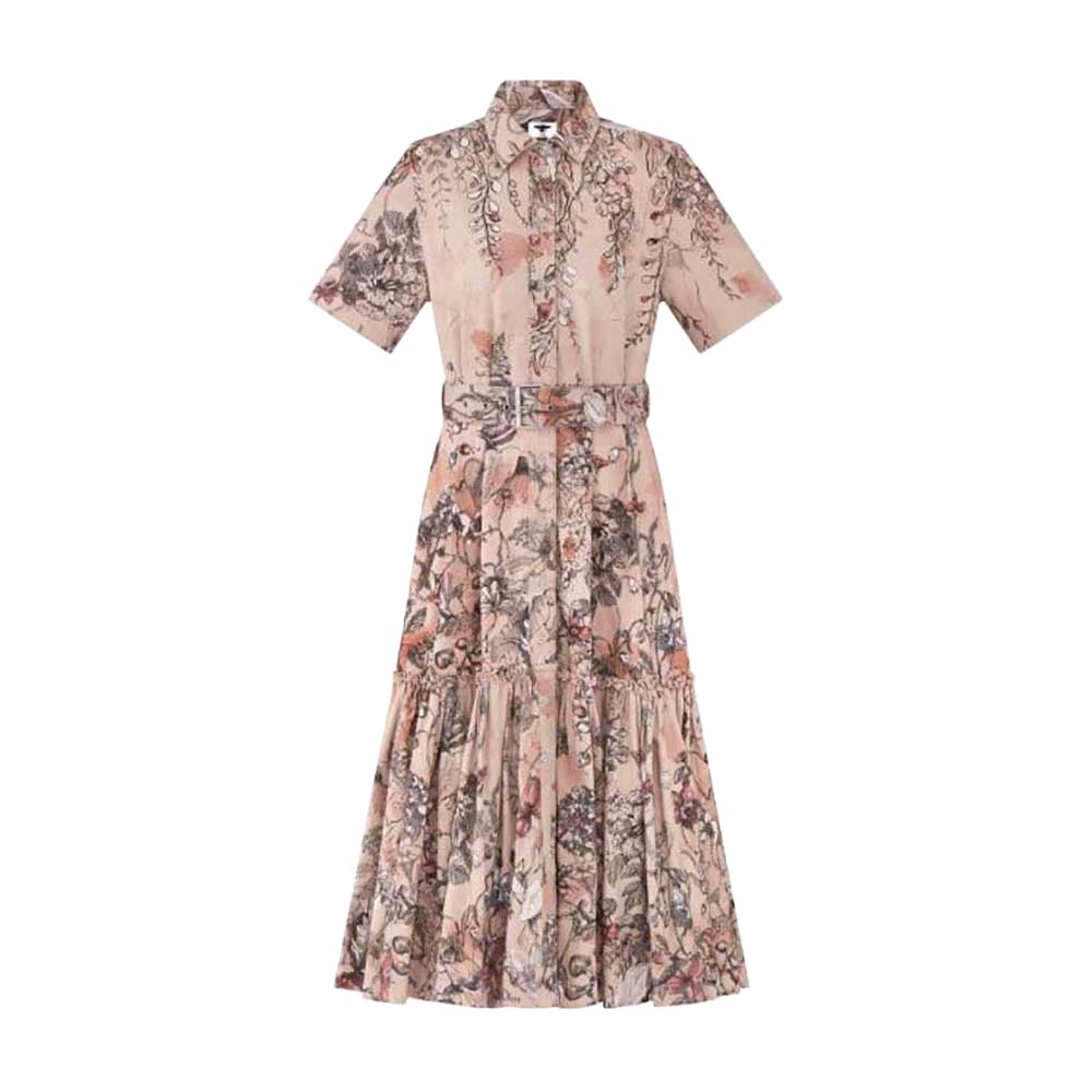 VÁY Dior Women Shirt Dress with Belt Rose Des Vents Cotton Denim with Dior Jardin Magique Motif