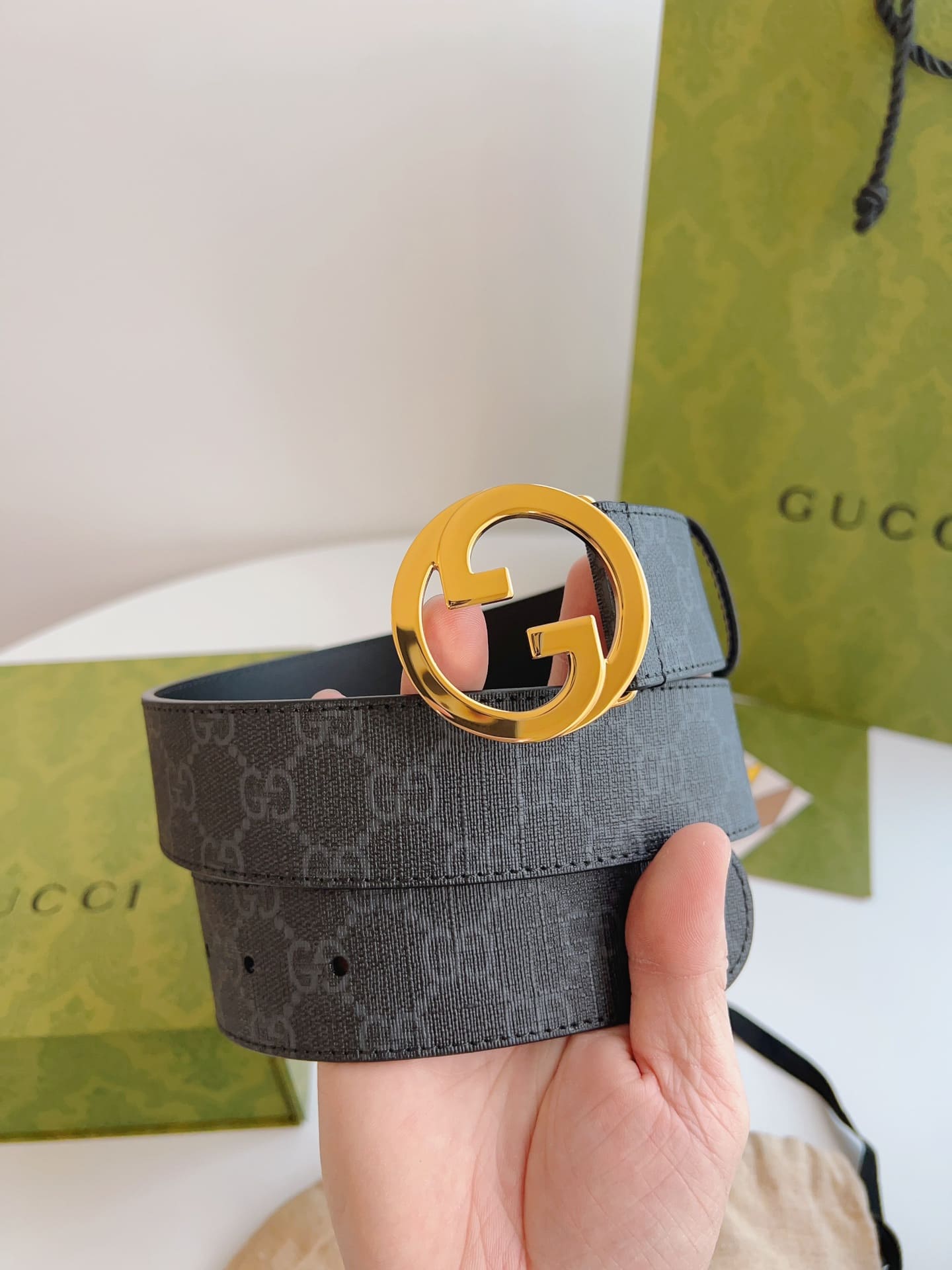 DÂY LƯNG GUCCI GG BLACK CANVAS LEATHER Khóa vàng
