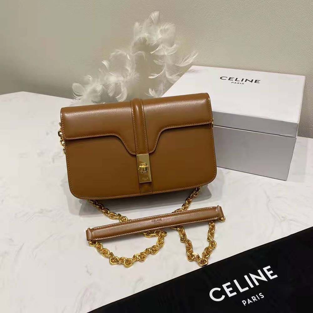 TÚI Celine Women Chain Bag 16 in Satinated Calfskin-Brown
