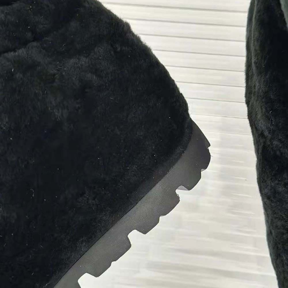 GIÀY Prada Women Shearling Booties with Enameled Metal Triangle Logo-Black