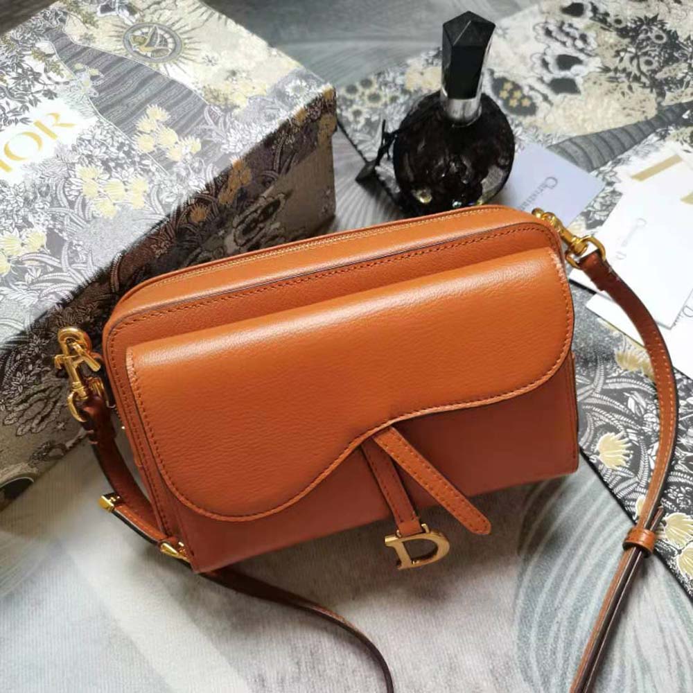 TÚI Dior Women Saddle Double Pouch Goatskin-Brown da dê