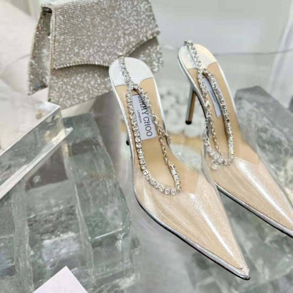 GIÀY Jimmy Choo Women Saeda 100 Silver Glitter Plexi Pumps with Crystal Embellishment