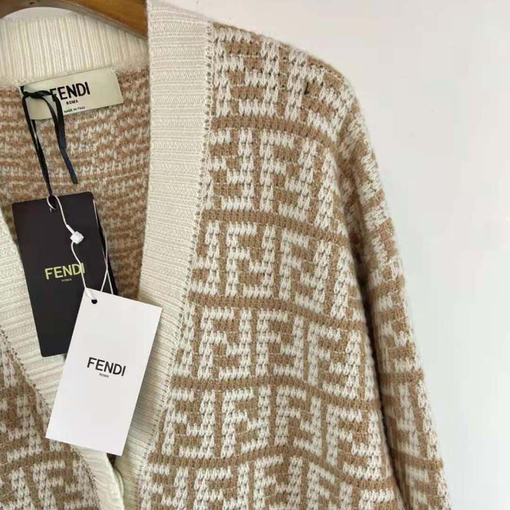 ÁO Fendi Women Brown FF Crocheted Cashmere Cardigan