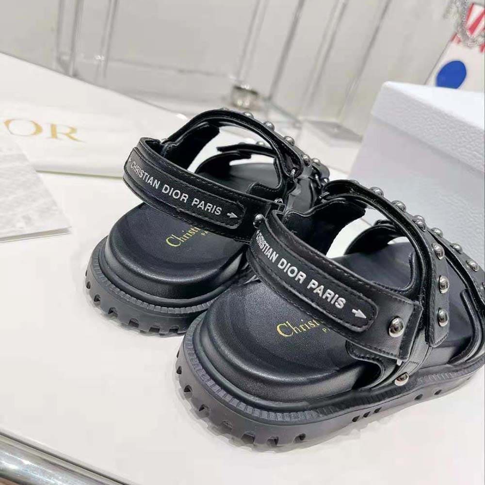 DÉP SANDALS Dior Women Dioract Sandal Black Lambskin and Silver-Finish Rivets