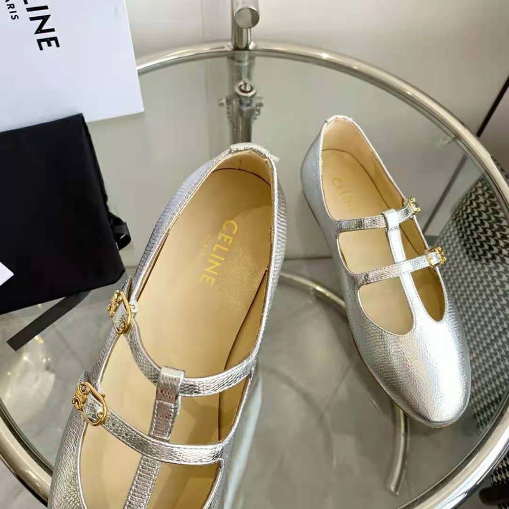 GIÀY Celine Double Strap Mary Jane in Lizard Stamped Metalized Calfskin