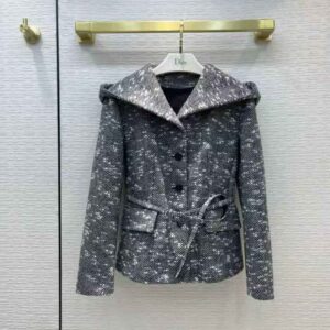 ÁO Dior Women Fitted Hooded Jacket Black and White Technical Wool Tweed and Silk