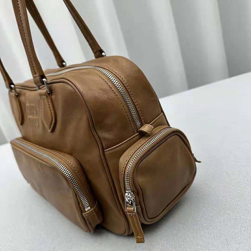 Túi Miu Miu Women Nappa Leather Top-handle Bag with Embossed Lettering Logo-Brown