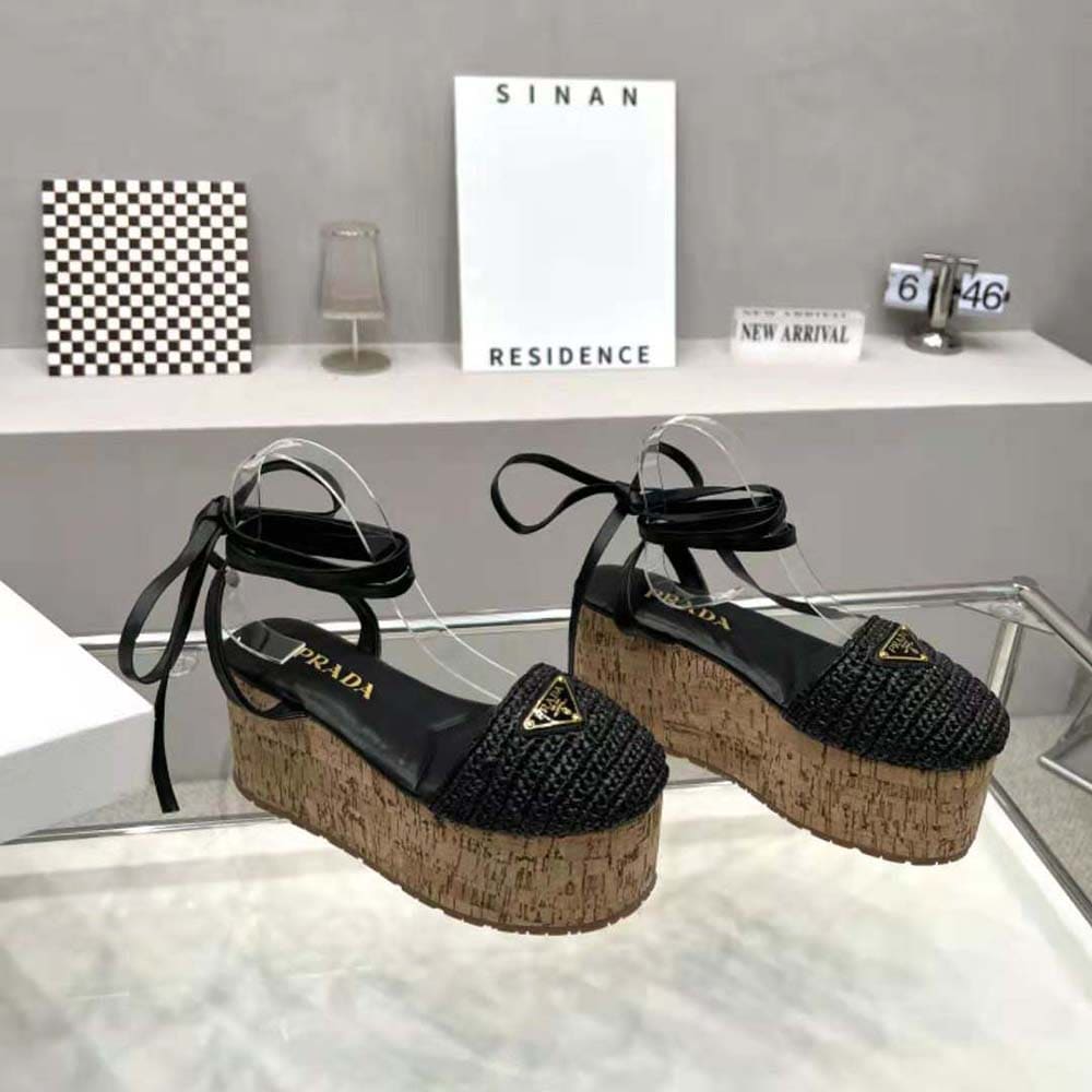 GIÀY Prada Women Crochet Wedge Sandals with Enameled Metal Triangle Logo-Black