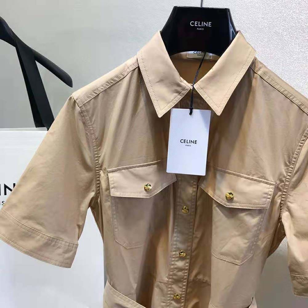 Váy Celine Women Shirt Dress in Lightweight Cotton-Brown