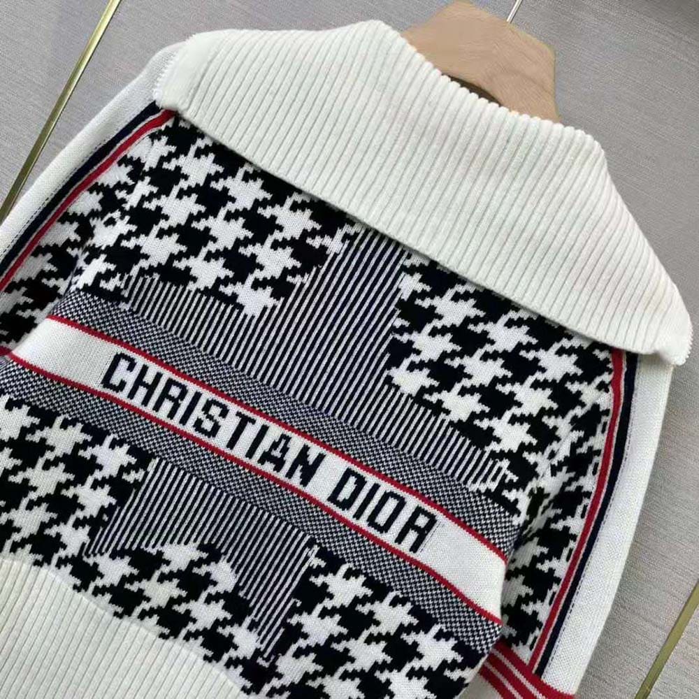 ÁO Dior Women Dioralps Short Cardigan Black and White Houndstooth Wool and Cashmere Knit with Three-Tone Dior Star