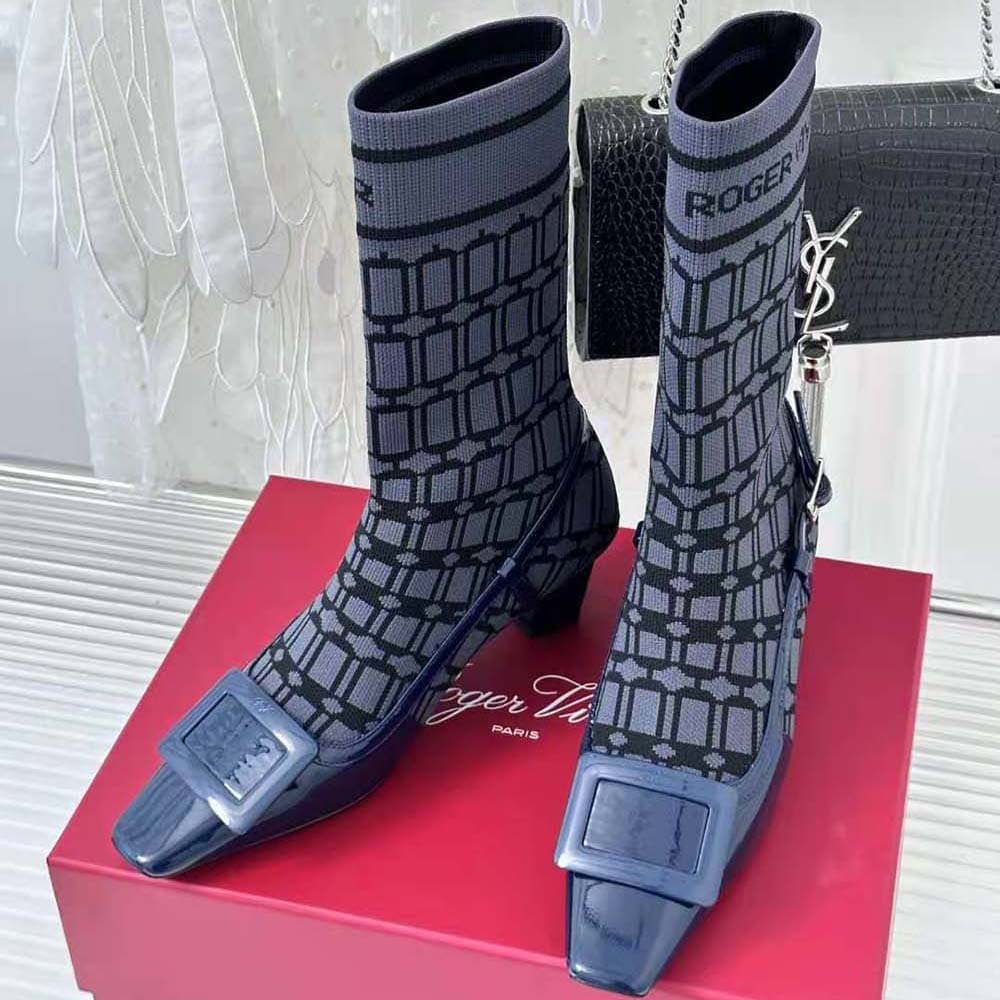 GIÀY Roger Vivier Women Belle Vivier Sock Lacquered Buckle Ankle Boots in Patent Leather-Blue