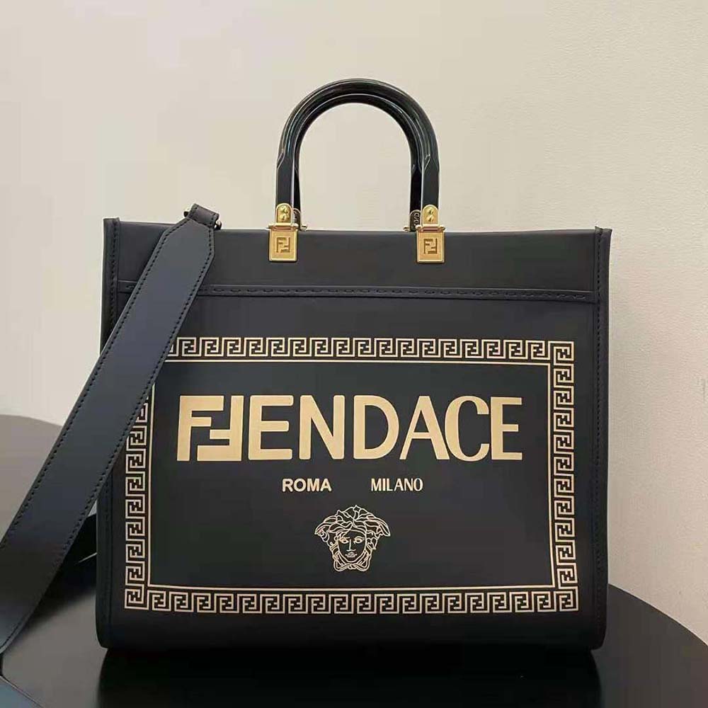 TÚI Fendi Women Sunshine Medium Fendace Printed Black Leather Logo Shopper
