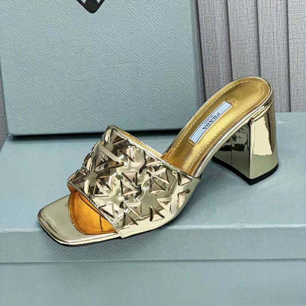 GUỐC Prada Women Studded Metallic Leather Mules-Gold