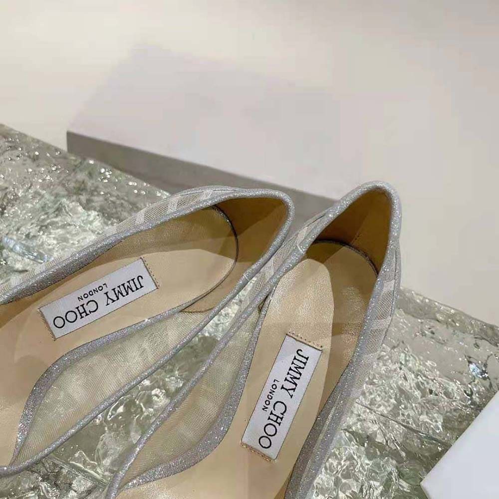 GIÀY Jimmy Choo Women Love 65 Metallic Silver Glitter Fabric Pumps with Ivory Tulle Overlay