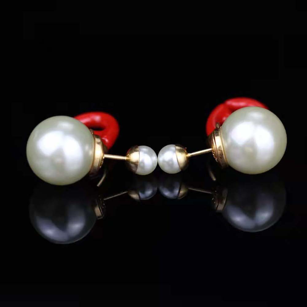 Bông tai Dior Women Tribales Earrings Gold-Finish Metal and White Resin Pearls with Raspberry Lacquer