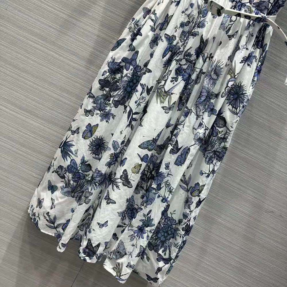 VÁY Dior Mid-length Shirt Dress White and Pastel Midnight Blue Cotton Voile