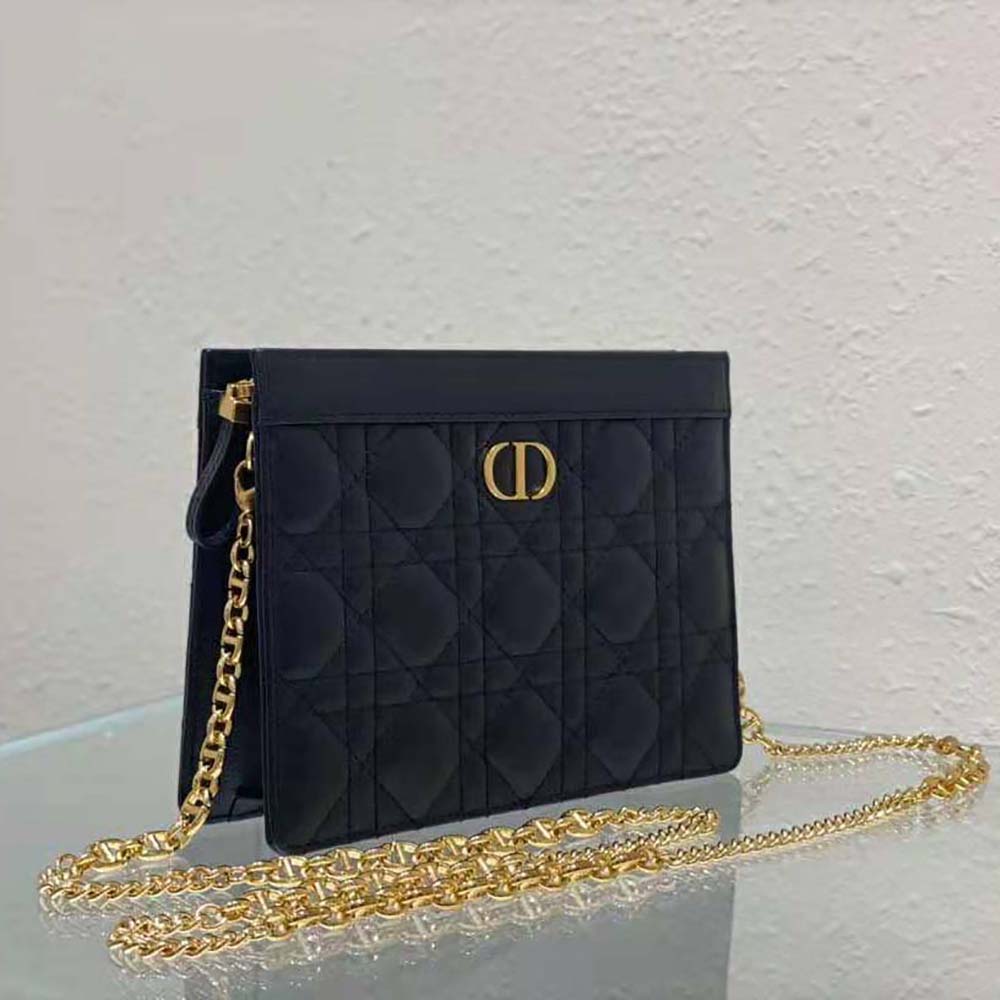 TÚI Dior Women Caro Zipped Pouch with Chain Black Supple Cannage Calfskin