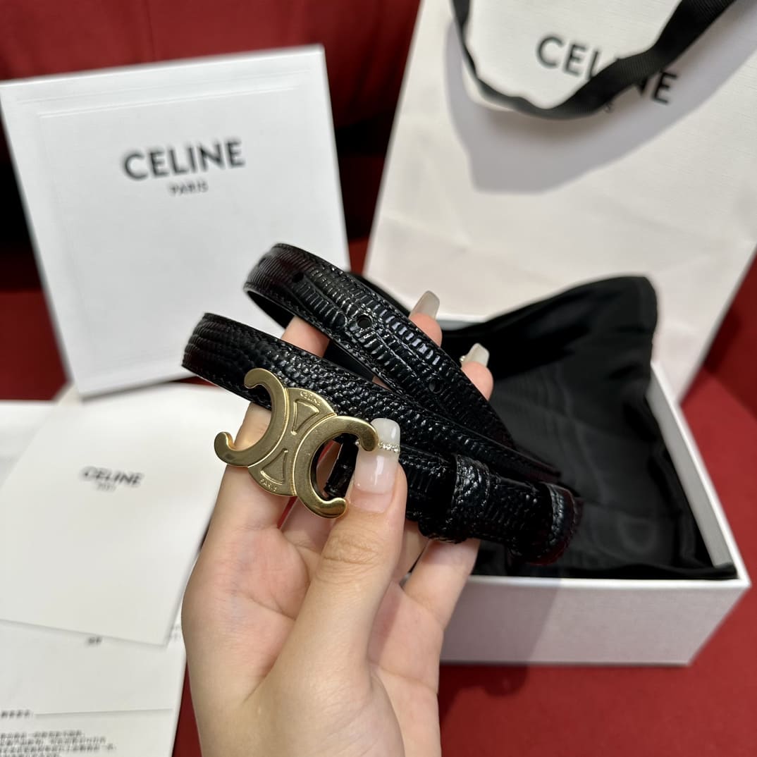 DÂY LƯNG CELINE TRIOMPHE Black Lizardskin and Gold Buckle da thằn lằn