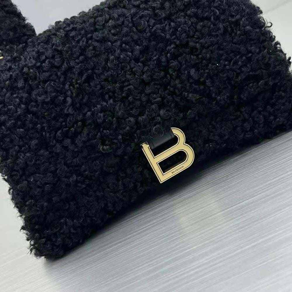 TÚI Balenciaga Women Furry Hourglass Small Handbag with Strap in Black