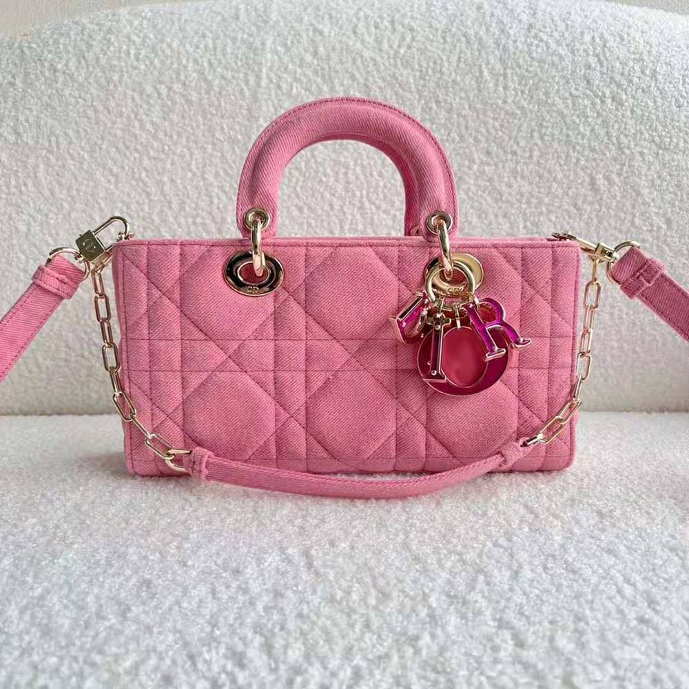 TÚI Dior Women Lady D-Joy Bag Bright Pink Cannage Denim