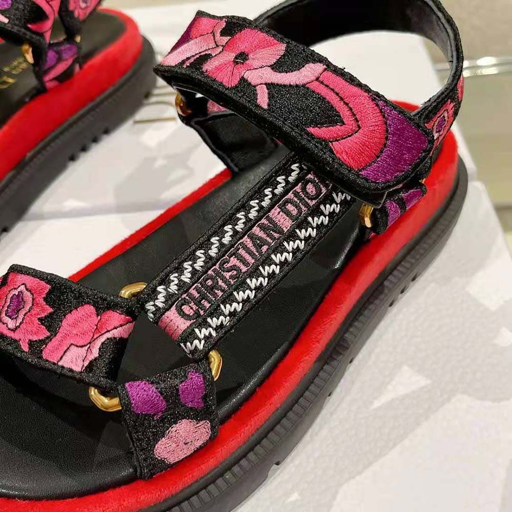 DÉP Dior Women D-wave Sandal Indy Pink Multicolor Cotton with Jardin Indien Embroidery