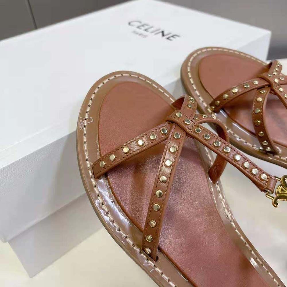 DÉP SANDALS Celine Women Taillat Flat Sandal with Studs in Calfskin – Vegetal Tanning & Studs-Brown
