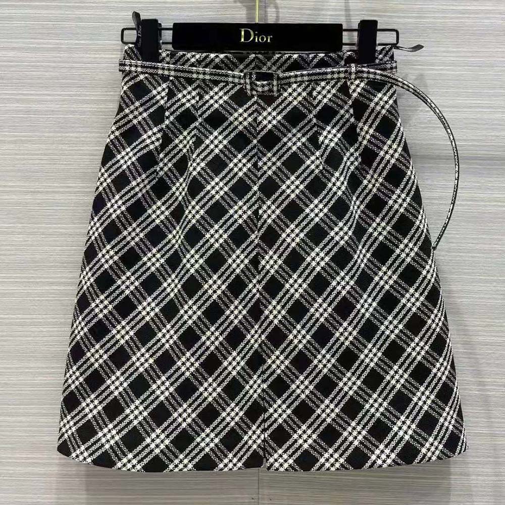 Chân Váy Dior Belted Short Skirt Black and White Check’N’Dior Virgin Wool