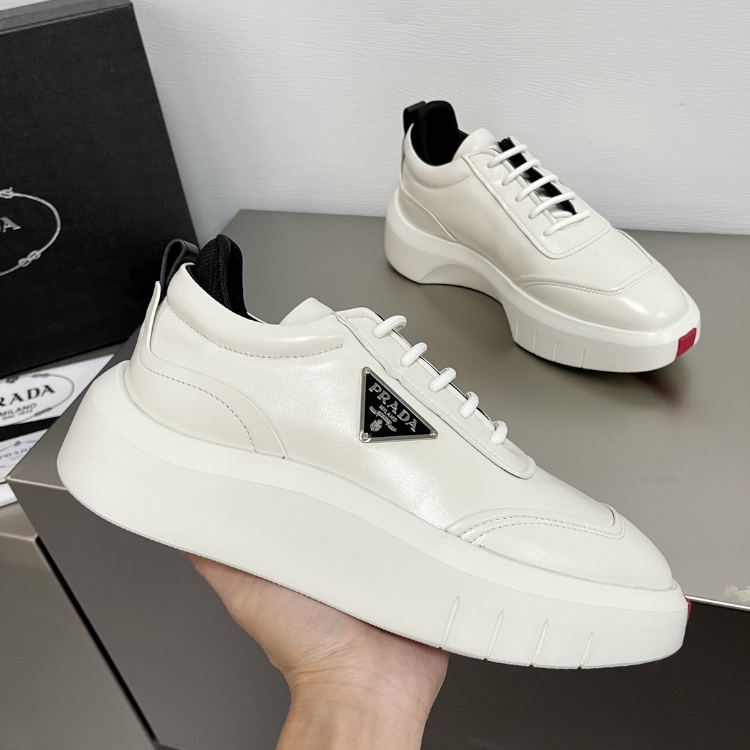 GIÀY PRADA Leather and Re-Nylon Sneakers White