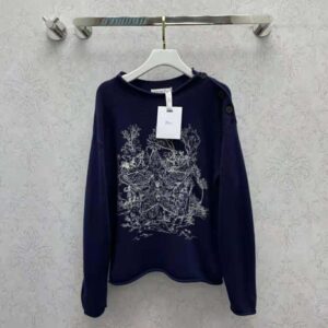 ÁO Dior Women Embroidered Sweater Navy Blue Cashmere Knit