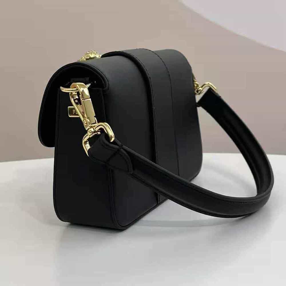 TÚI FENDI Women Brooch Mini Baguette Fendace Black Leather Bag