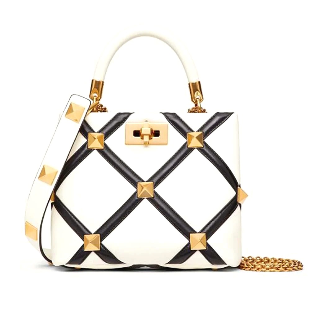 TÚI Valentino Rockstud Alcove Grainy Calfskin Handbag-White