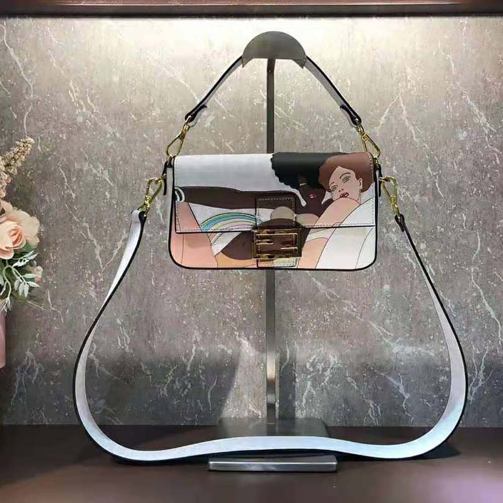 TÚI Fendi Women Baguette FF White Glazed Fabric Bag with Inlay