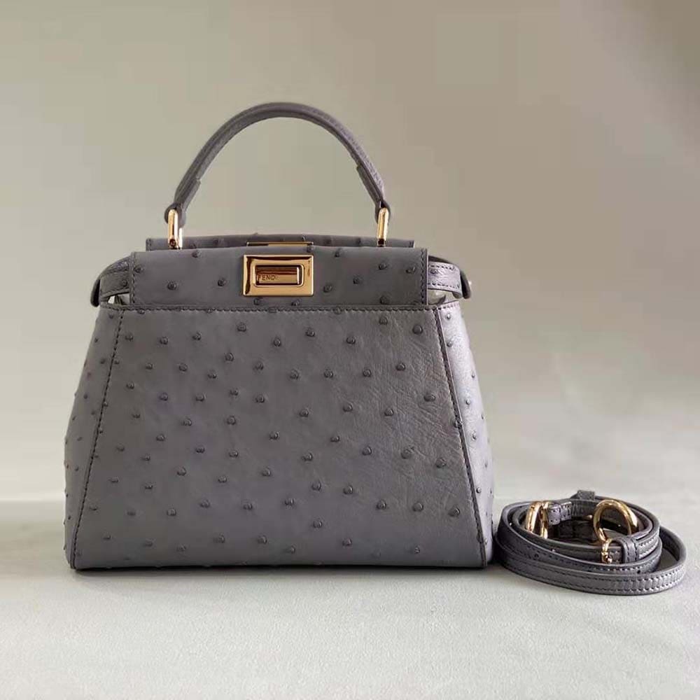 TÚI FENDI Women Peekaboo Iconic Mini Gray Ostrich Leather Bag DA ĐÀ ĐIỂU