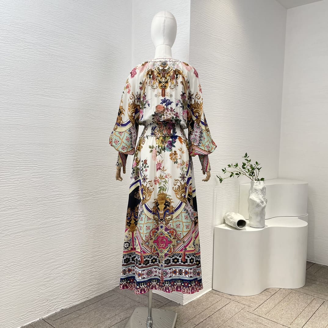 VÁY CAMILLA WorldCloset Floral Print White Long Sleeve Diamonds Midi Dress High Classy