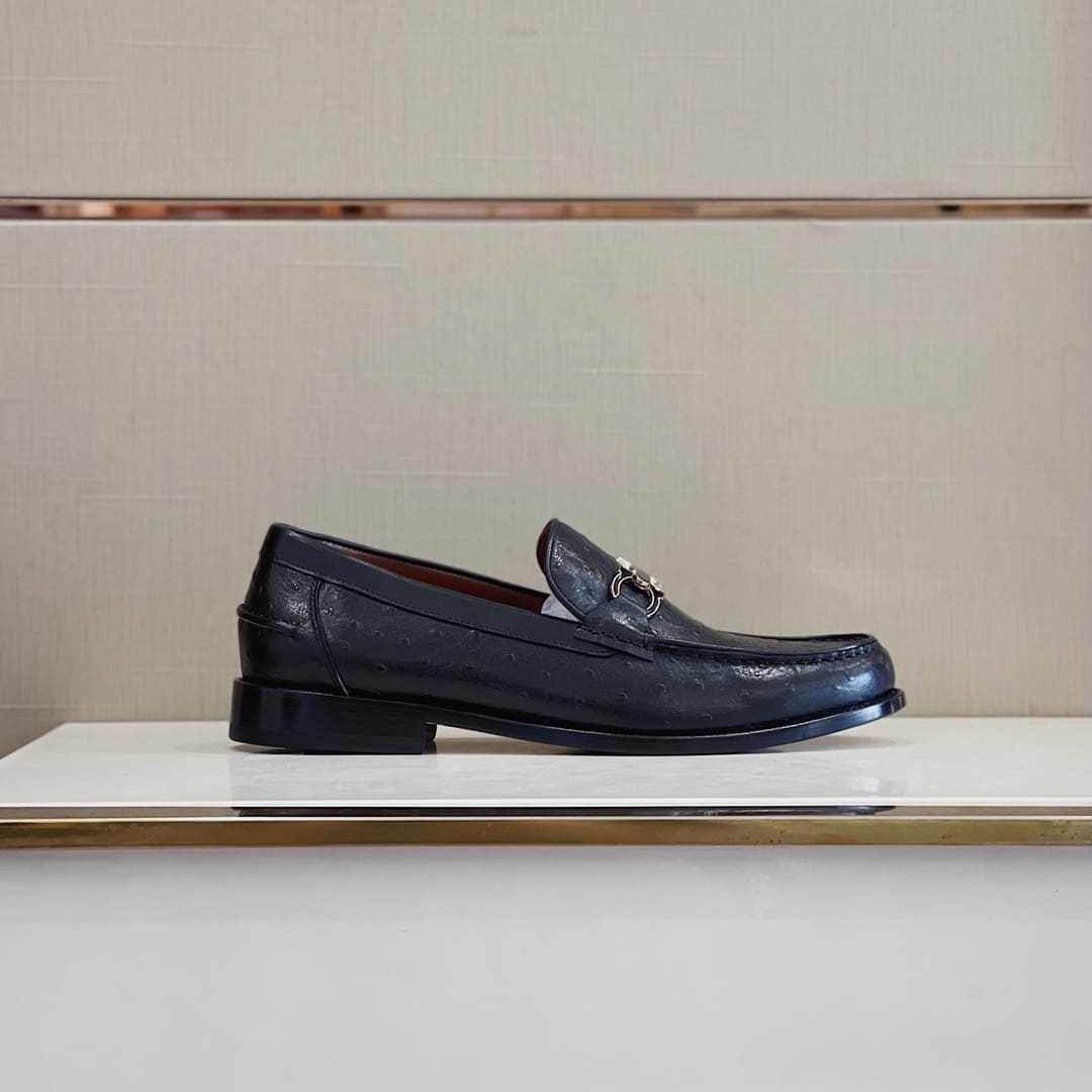 GIÀY SALVATORE FERRAGAMO LOAFER OSTRICH BLACK DA ĐÀ ĐIỂU TOP QUALITY SHOES AAA