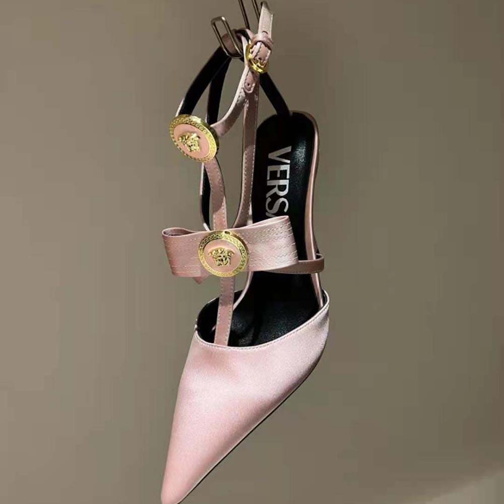 GIÀY Versace Women Gianni Ribbon Cage Satin Pumps-Pink