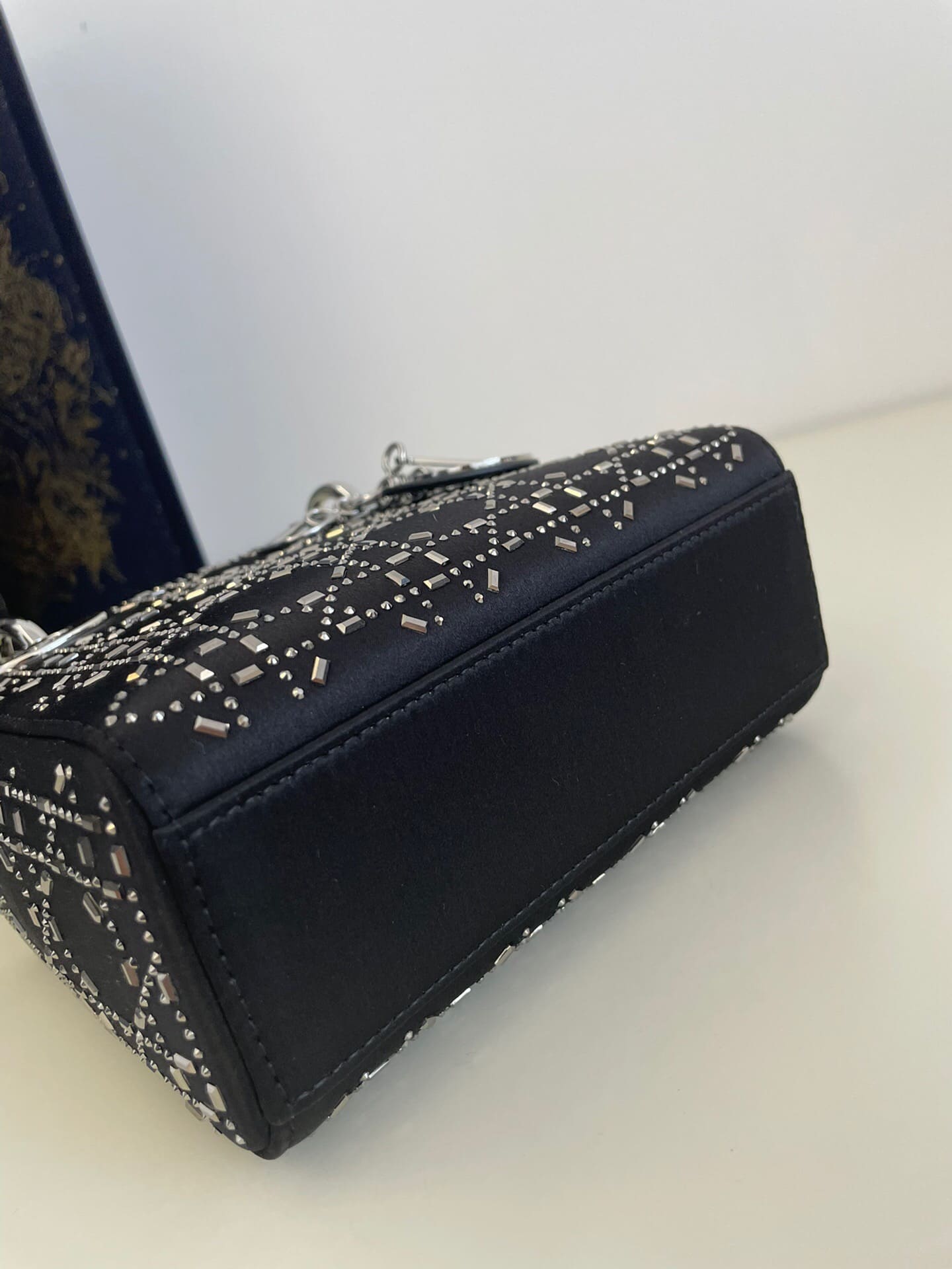 TÚI CHRISTIAN DIOR Mini Lady Dior Bag in Black Cannage Satin with Rhinestones