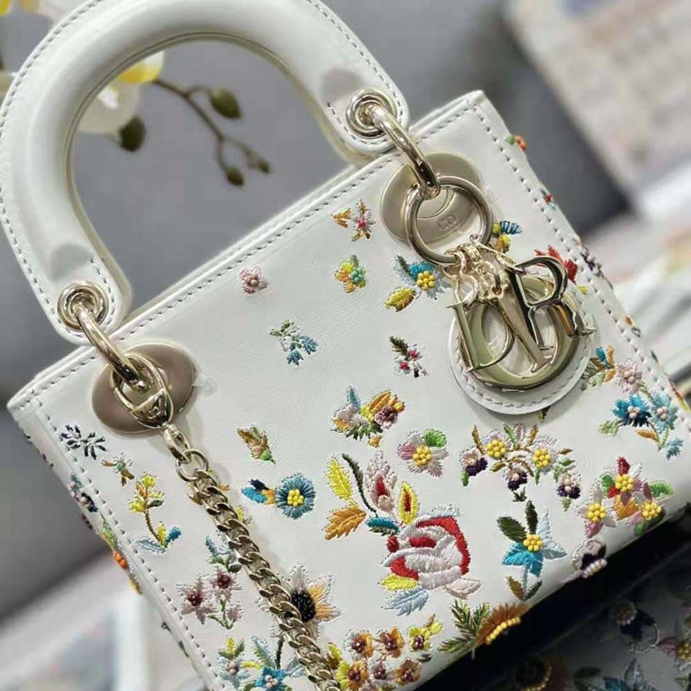 TÚI Dior Women Mini Lady Dior Bag Latte Calfskin Embroidered with Multicolor Small Flowers
