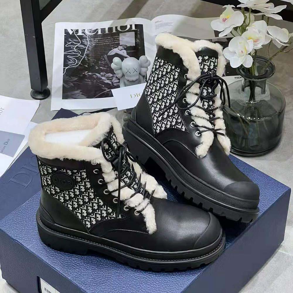 GIÀY Dior Explorer Ankle Boot Black Smooth Calfskin and Dior Oblique Jacquard