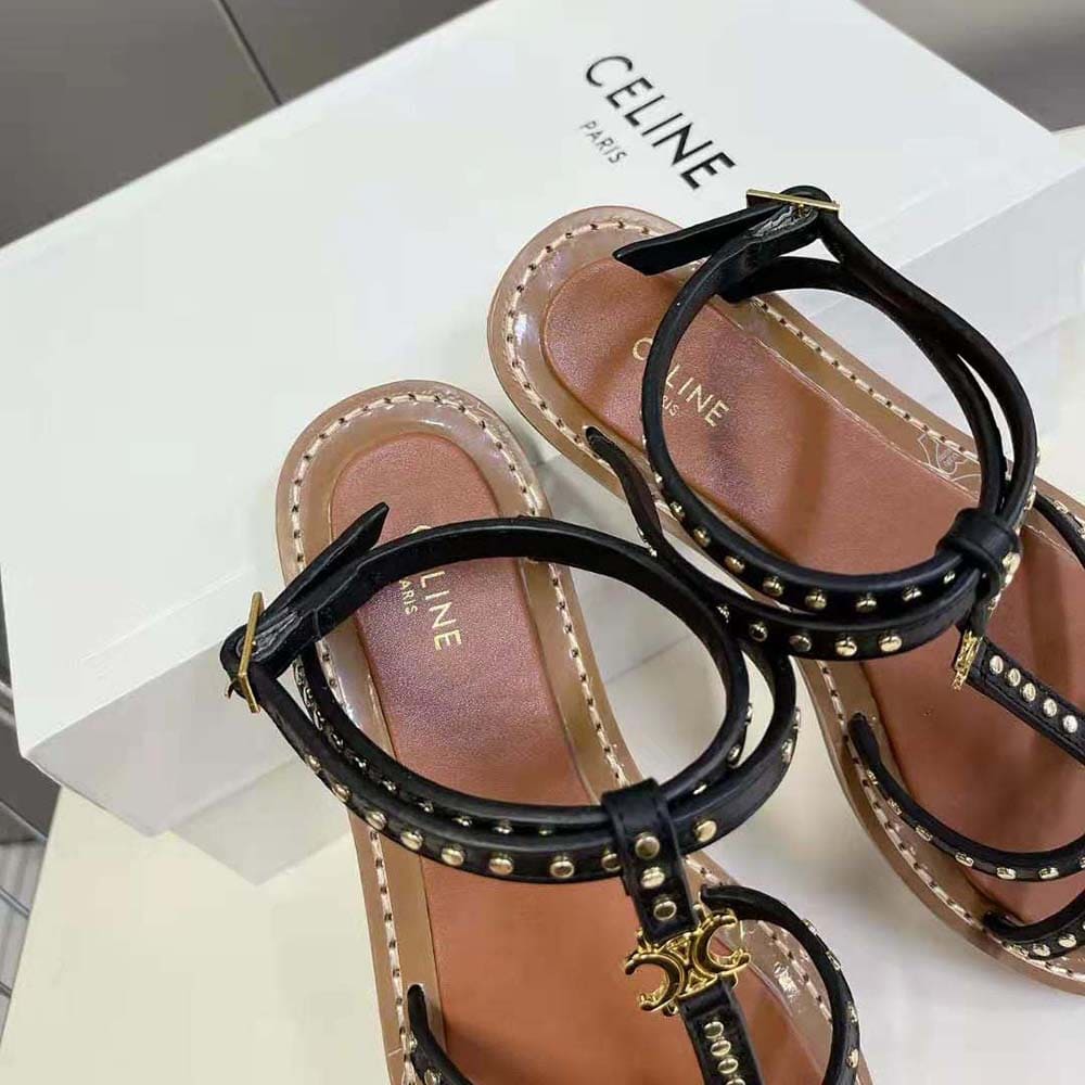 DÉP SANDALS Celine Women Taillat Flat Sandal with Studs in Calfskin – Vegetal Tanning & Studs-Black