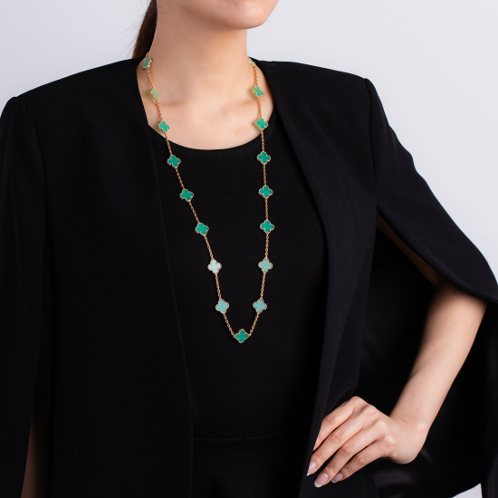 Vòng cổ Van Cleef & Arpels style yellow gold 18K A Green Chalcedony Alhambra Necklace