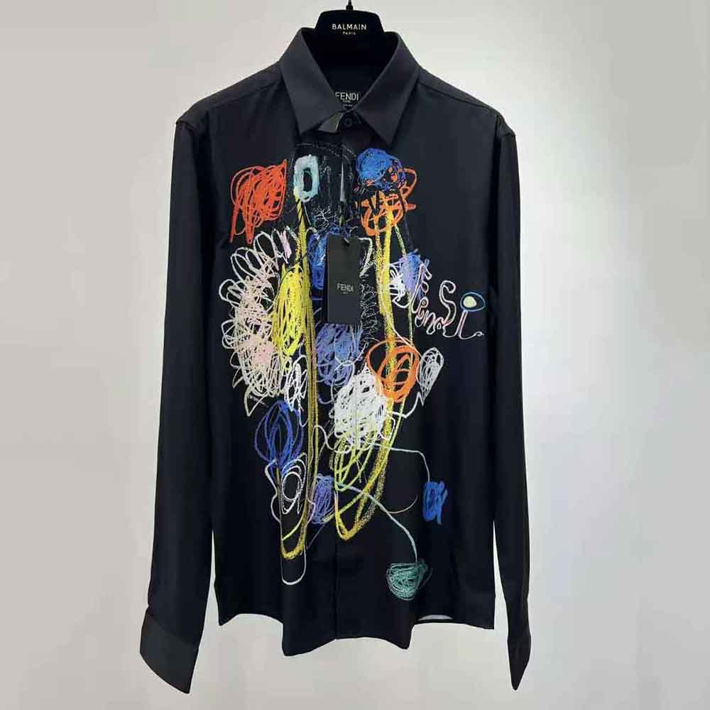 ÁO Fendi Men Black Cotton Shirt with Mid Ltalian Collar and Short Sleeves