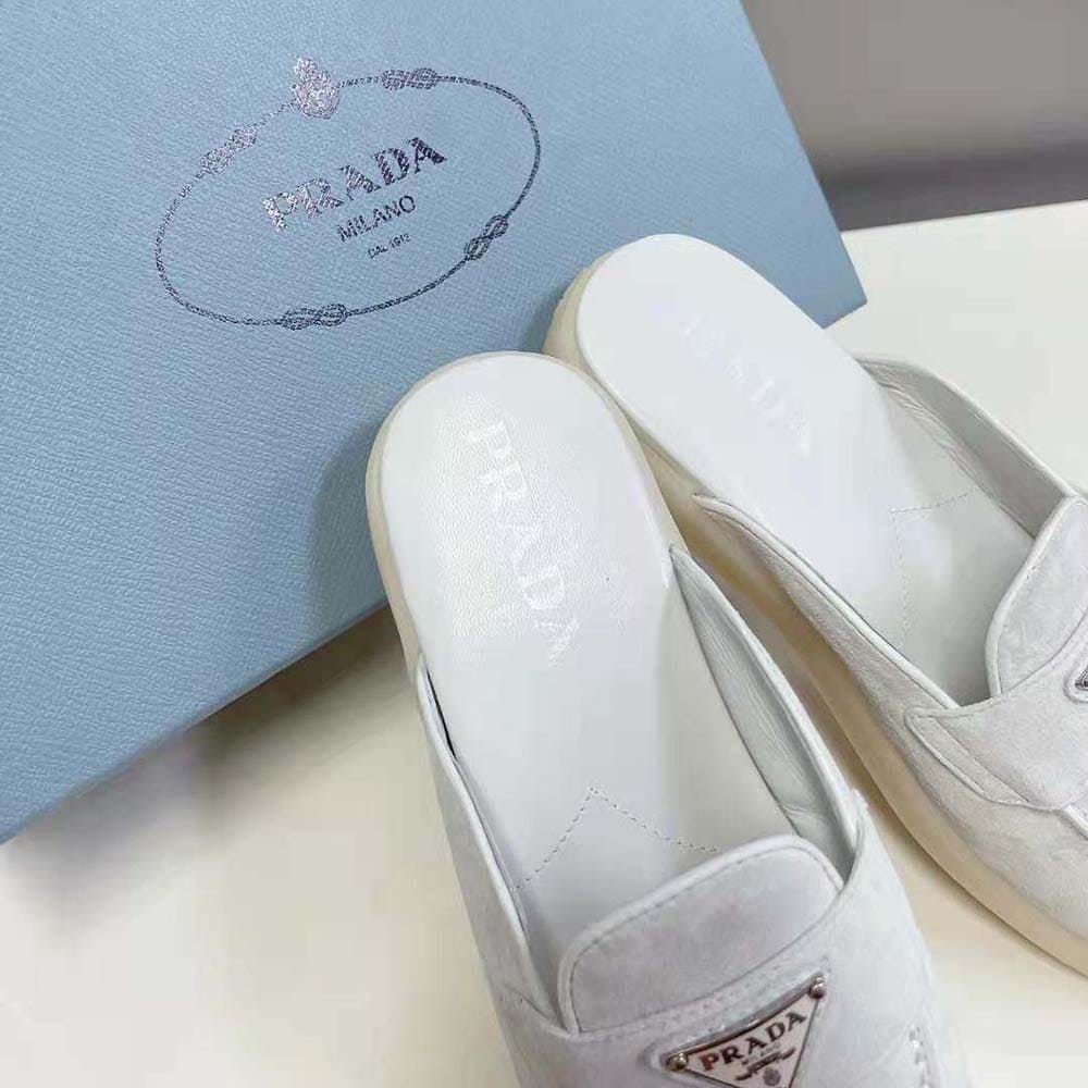 GIÀY Prada Unisex Suede Leather Sabots with Enameled Metal Triangle Logo-White