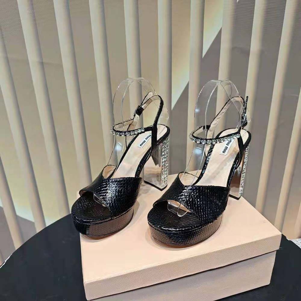 GIÀY Miu Miu Women Lizard-print Leather Platform Sandals-Black