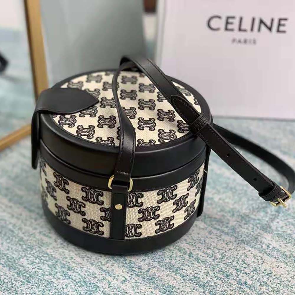 TÚI Celine Women Medium Tambour Bag in Textile with Triomphe Embroidery Calfskin
