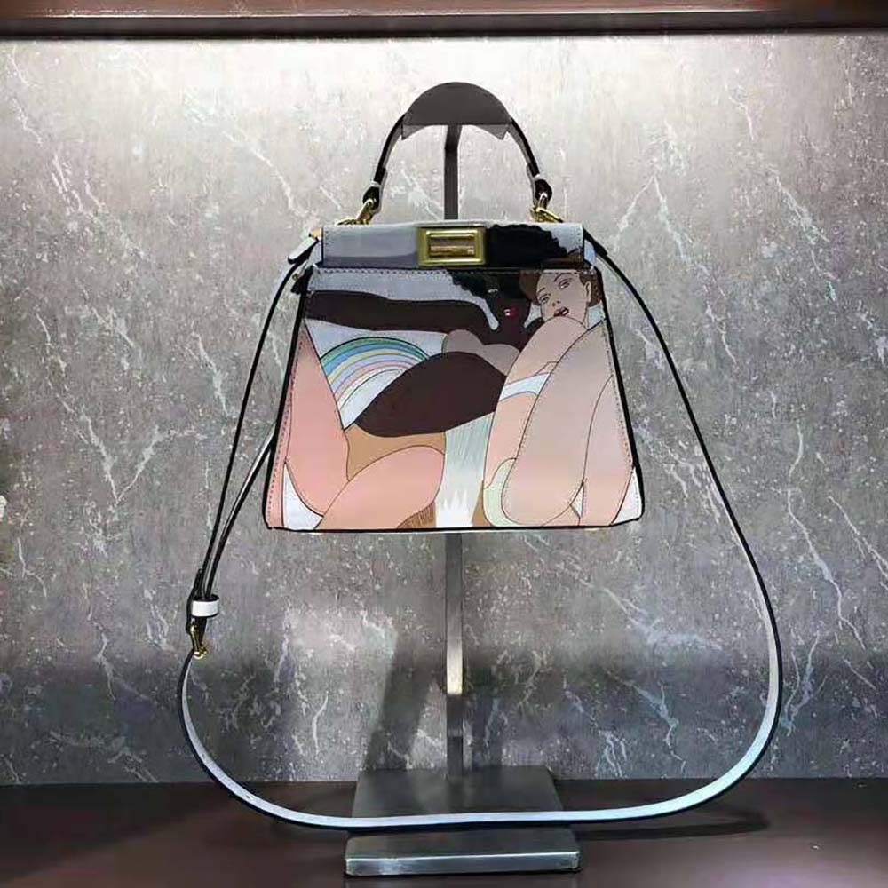 TÚI Fendi Women Peekaboo Iconic Mini FF white Glazed Fabric Bag with Inlay