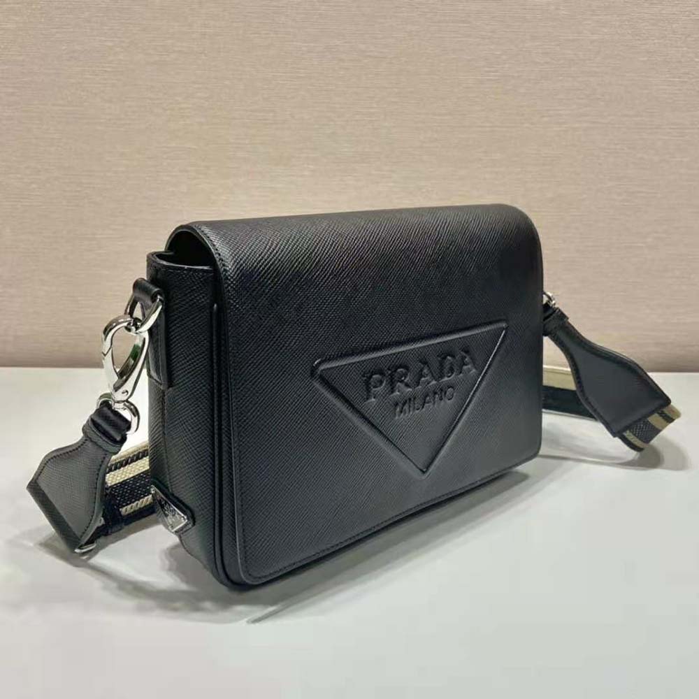 TÚI Prada Men Saffiano Leather Shoulder Bag with Sleek-Black