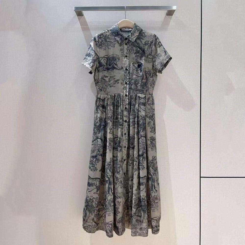 Váy Dior Shirt Dress Hazelnut Cotton Voile with Toile de Jouy Motif