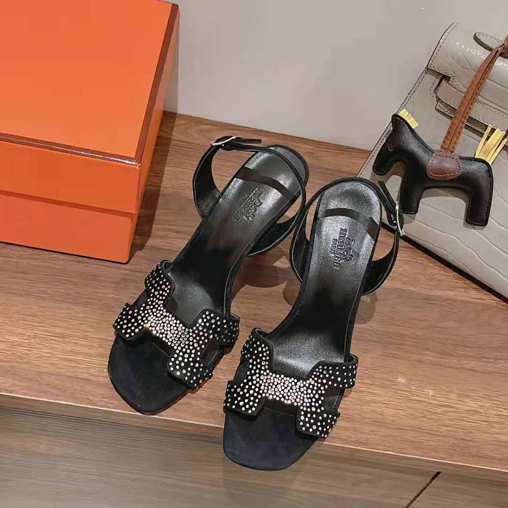 GIÀY Hermes  Women Ella 105 Sandal High Heel Sandal in Suede Goatskin-Black SS2022