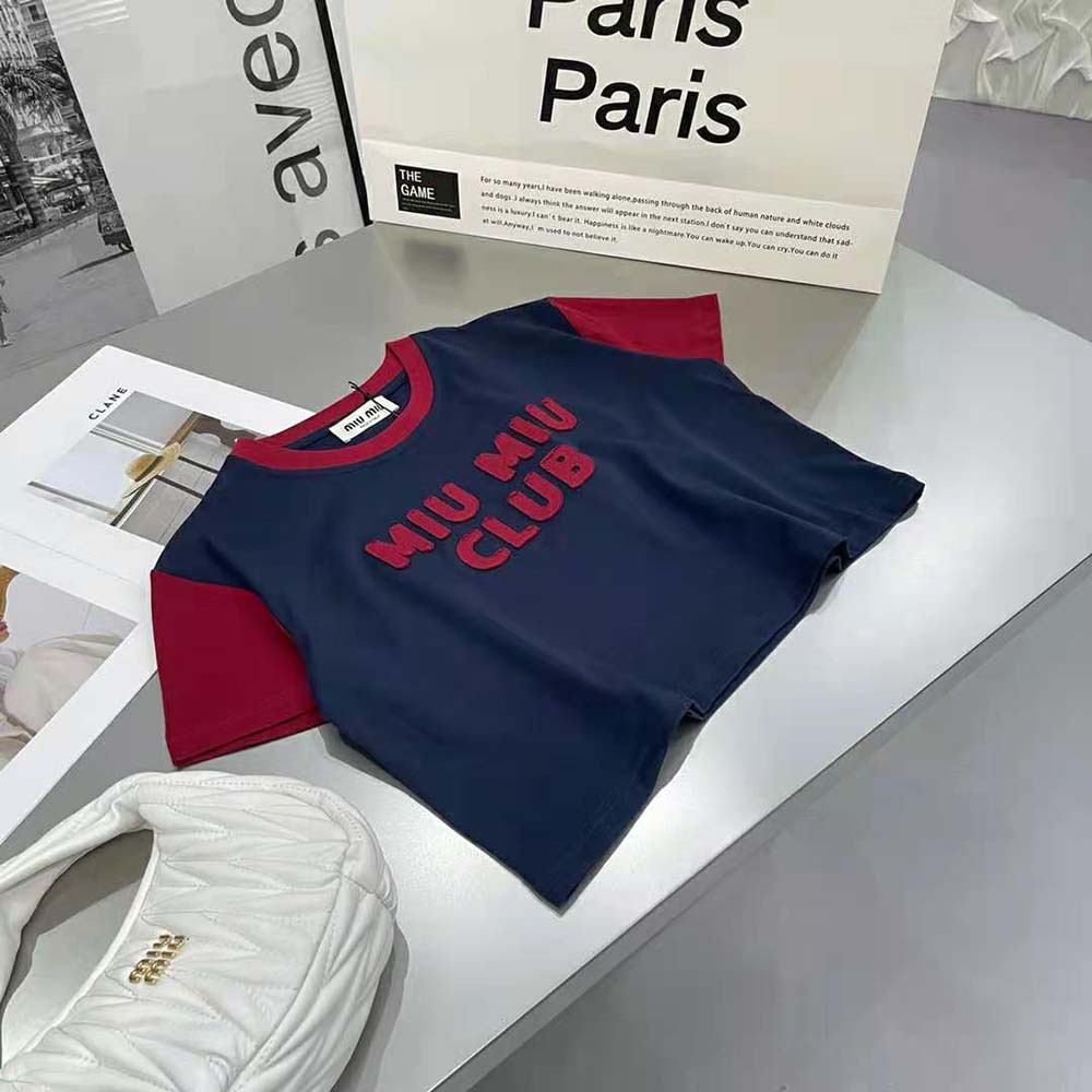 ÁO Miu Miu Women Jersey T-shirt with Embroidered Logo-Navy